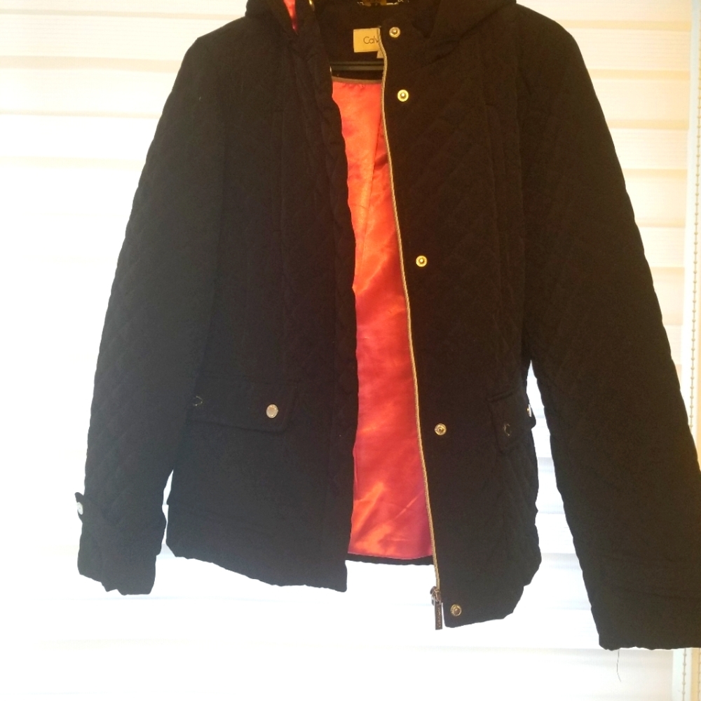 Black Calvin Klein vintage Jacket. Hot pink silky interior  quilted exterior
